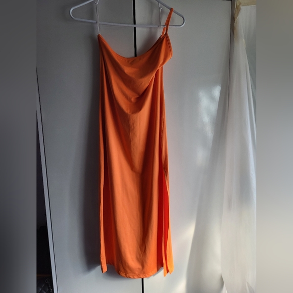 Tangerine one shoulder bodycon split midi dress - Picture 2 of 5